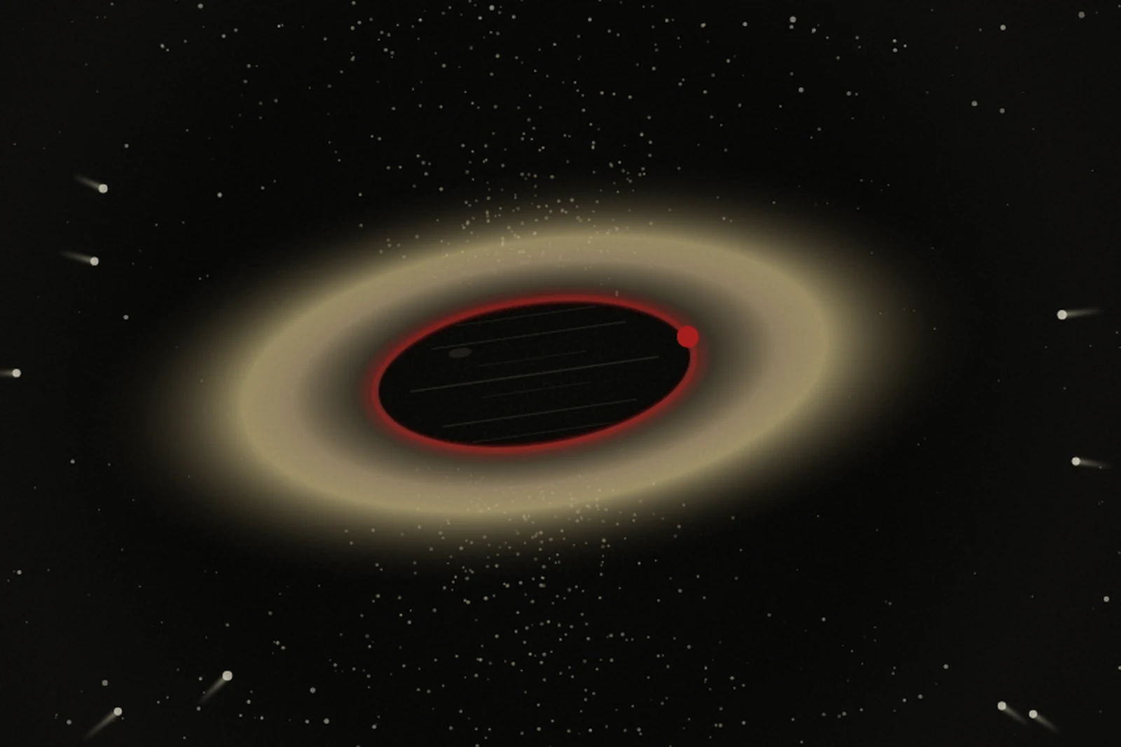 Encounter Plate for SyRI, detail: a tilted eye with a red ring, drawn like a black hole among stars.