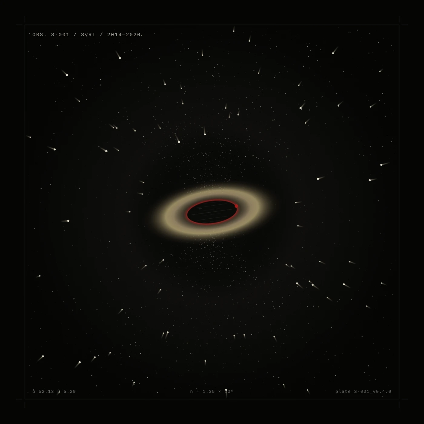 Encounter Plate for SyRI: a dark tilted eye with a red ring and a red point at its edge, set in a field of stars.
